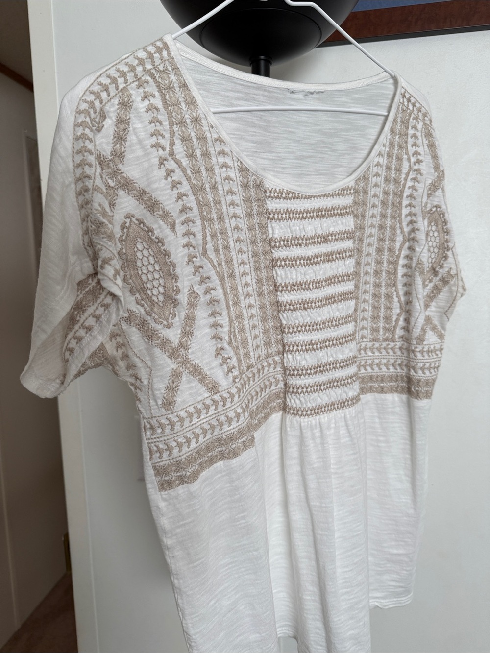 J. Jill White Embroidered Short-Sleeve Top with Khaki Embroidery